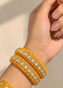 Yellow  kda Embellished Bangles Set