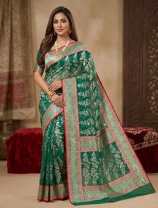 Premium Emerald Green &  Red Silver Zari Saree