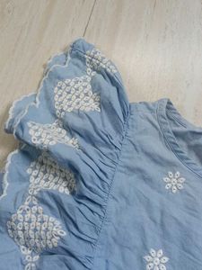Blue Embroidered Ruffle Sleeve Top