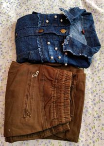 Denim Jacket with Pearls and Brown Pants