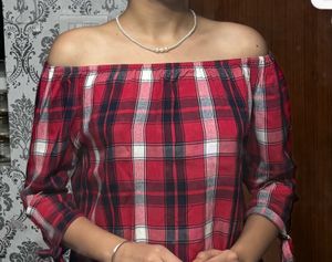 off shoulder red top