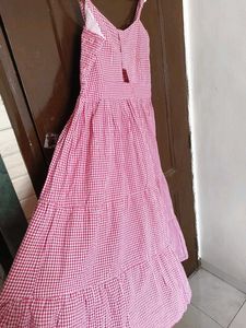 Cute Pink Gingham Tiered Midi Dress