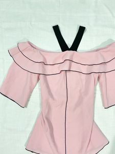 baby pink Off-Shoulder Ruffle Top