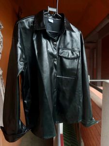 Black Faux Leather Button-Up Jacket –