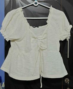 White Puff Sleeve Cinched Top
