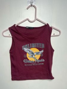 Maroon Graphic Print Cropped Tank Top