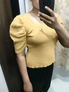 Yellow Puff Sleeve Knit Top