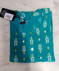 Teal Kurta with Print &amp; Mirror Work