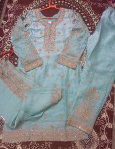 Embellished Teal Kurta Set with Pants