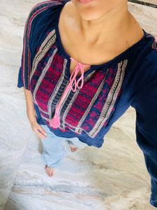 Women Embroidered Blue Top