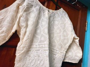 Embroidered Cream Kurta with Blue Neck Design