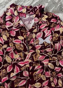Maroon Leaf Print Kurta Set with Sequins