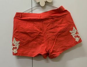 Red Lace Trim Denim Shorts