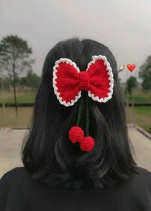 Handmade Crochet Cherry Bow Hair Clip