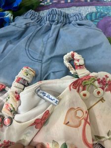 🌸 Cute Floral Off-Shoulder Top with Denim Palazzo