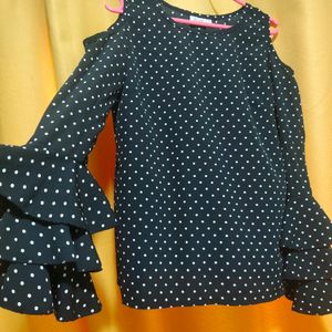 Polka Dot Top With Cold Shoulder Bell Sleeves