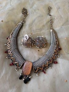 Brass Necklace & Earring Set with handcarved stone