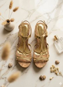 Strappy Gold Cork Wedge Sandals