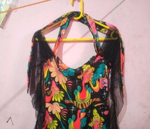 Abstract Floral Jumpsuit with Mesh Sleeves