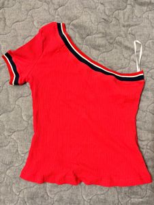 Red One-Shoulder Ribbed Top