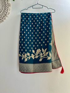 Teal Blue Bordered Saree with Gold Embroidery
