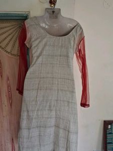 Elegant Embroidered Kurta with Red Net Sleeves