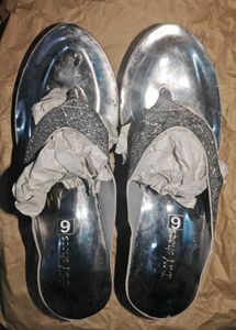 Shiny Silver Day Shoes Slides