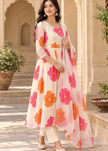 Floral Print Anarkali Kurta with Pants &amp; Dupatta