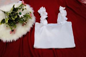 White Ribbed Crop Top with Ruffle Straps