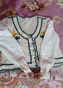 Crocheted Cotton Blouse with Floral Embroidery