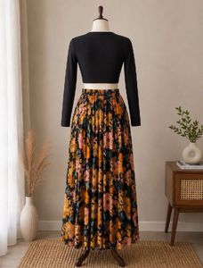 Black Square Neck Crop Top and Flower print skirt
