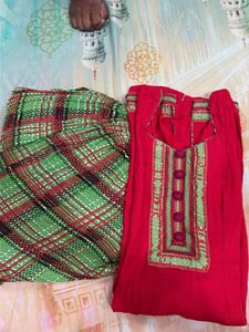 Red Kurta with Green Plaid Pants