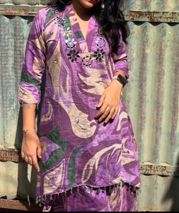 Purple mirror work Swirl Print Kurti