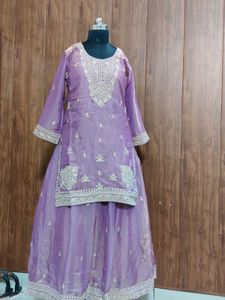 Embroidered Purple Kurta and Skirt Set