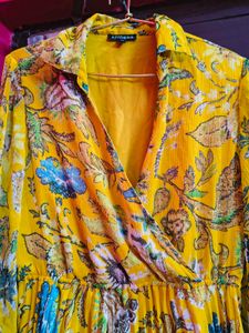 Yellow Floral Pleated Midi Dress