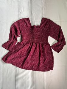 Maroon Floral Smocked Square Neck Top