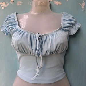 Light Blue Puff Sleeve Tie-Front Top
