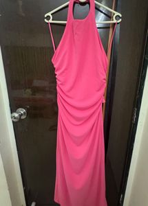 Elegant Halter Neck Pink Maxi  back less Dress