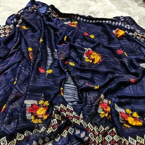 Elegant Navy Blue Floral Saree
