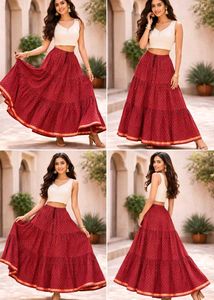Elegant Maroon Printed Tiered Long Skirt