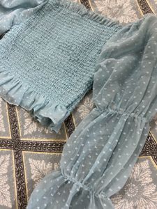 Sheer Puff Sleeve Smocked Crop Top