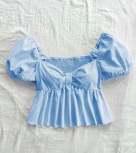 mini blue crop top,  with puffed hands