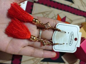 Red Tassel Earrings with Star Charm