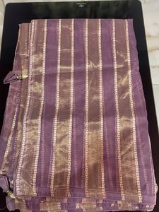 Purple Striped Saree with Gold Accents
