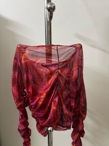 Sheer Marble Print Ruched Top