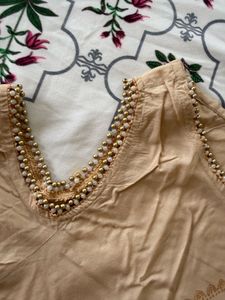 Beige Cold Shoulder Top with Gold Print