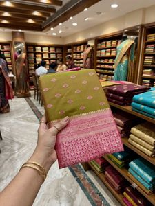 Beautiful Olive Green Saree with Pink Border