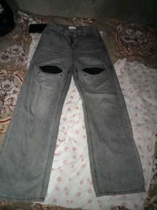 Grey Distressed Wide-Leg Jeans