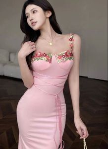 Pink Floral Neckline Corset Maxi Dress