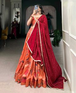 Vibrant Orange Floral Lehenga Choli with Red Dupat